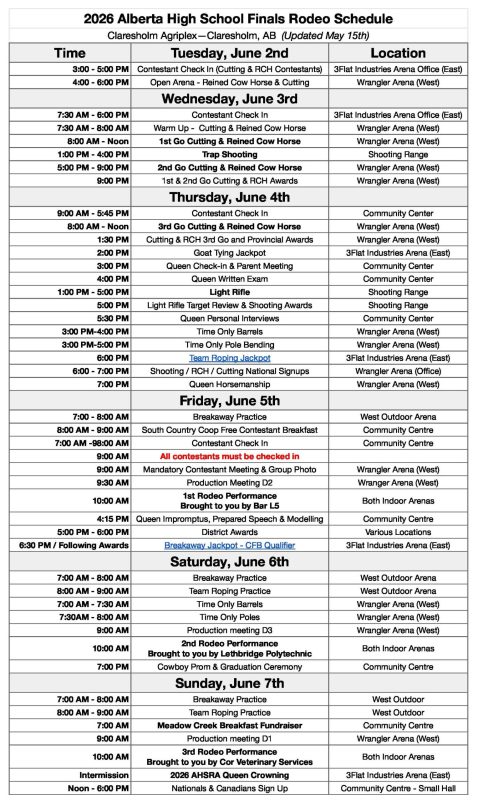 2026 Alberta HS Finals Schedule May 15, 2026